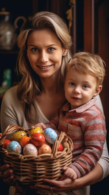 Un dulce retrato familiar de una madre feliz y un hijo pequeño sosteniendo una canasta de mimbre llena de huevos de Pascua coloridos Abrazos suaves y sonrisas en la cocina acogedora de casa Foco selectivo