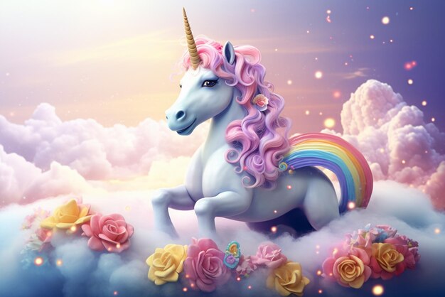 dulce unicornio sentado en el arco iris con estrellas