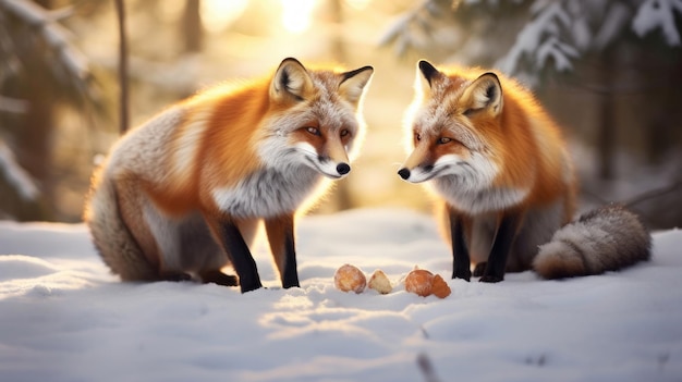 Un dulce zorro compartiendo comida con un compañero generado por IA