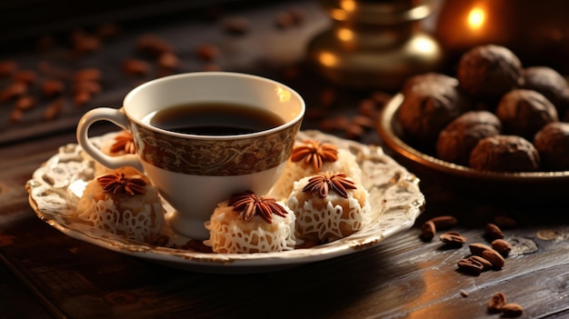 Dulces árabes orientales dulces kullaj con taza de café