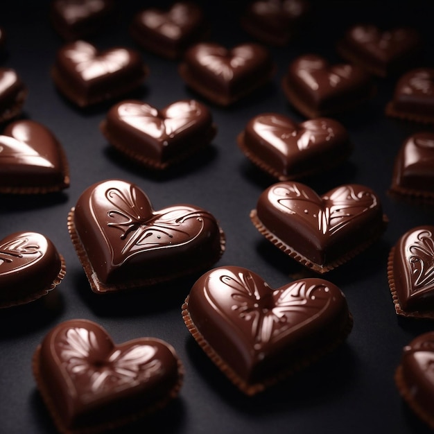 Dulces de chocolate en forma de corazón sobre fondo oscuro concepto de San Valentín