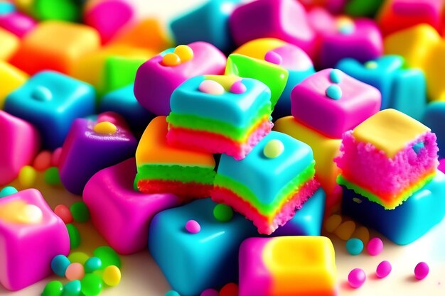 Dulces de colores, malvaviscos, dulces en colores pastel, gominolas de Pascua de primavera, algodón de azúcar