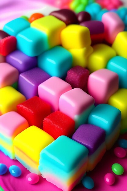 Dulces de colores, malvaviscos, dulces en colores pastel, gominolas de Pascua de primavera, algodón de azúcar