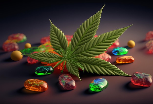 Dulces comestibles de marihuana con una hoja de cannabis Marihuana medicinal Generativo ai