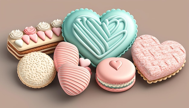 Dulces de corazón coloridos para el Día de la Madre o el Cumpleaños de San Valentín decorados con un fondo de color IA generativa