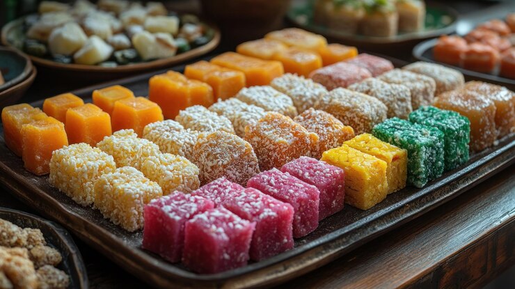 Dulces cuadrados coloridos dispuestos cuidadosamente en una bandeja oscura Varios colores y texturas vibrantes, incluidos naranja, amarillo, rosa, verde y blanco.