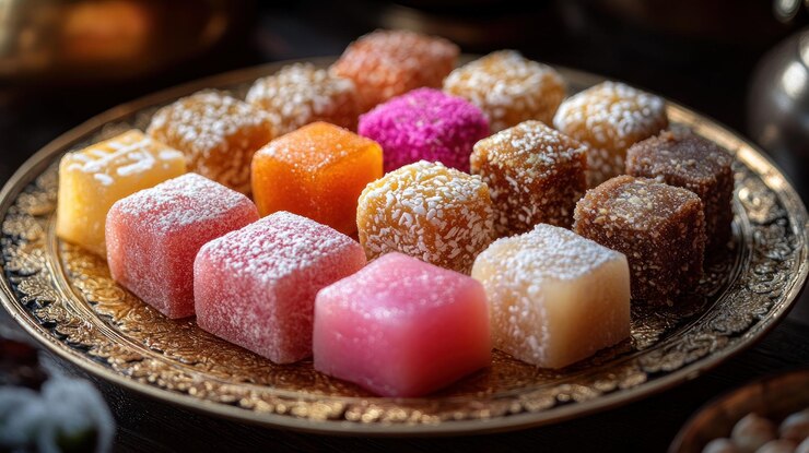 Los dulces cuadrados coloridos y variados dispuestos en un plato decorativo