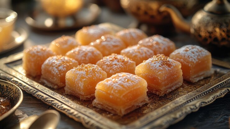 Dulces cuadrados dorados dispuestos en bandejas ornamentadas con azúcar en polvo sutil adornado con migajas dulces