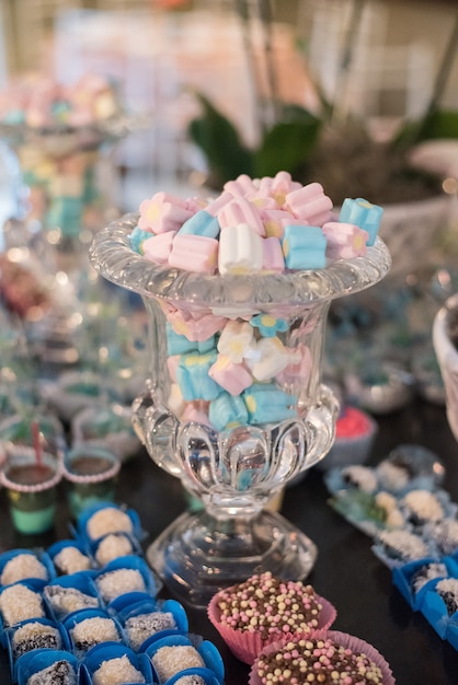 Dulces y decoración en la mesa - tema de jardín de cumpleaños infantil