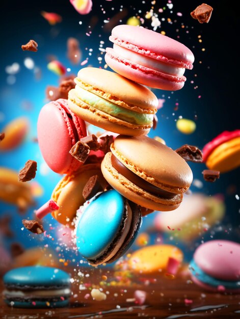 Foto dulces decorados de colores y macarrones dulces volando en el telón de fondo