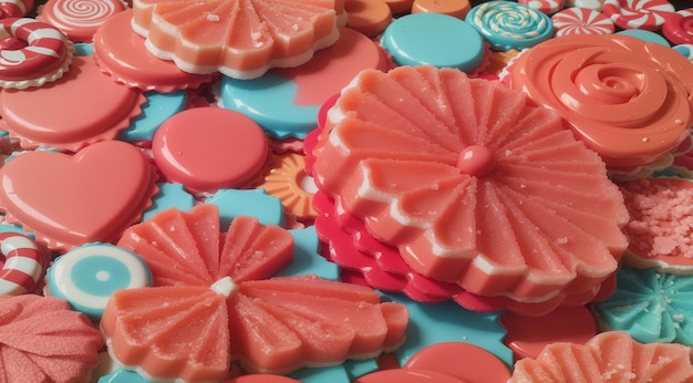 Foto dulces deliciosos en un fondo abstracto chocolates de colores y dulces en la mesa dulces de colores