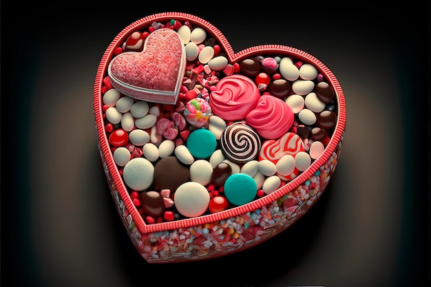 Dulces para el día de San Valentín Concepto de dulces en caja en forma de corazón sobre fondo negro