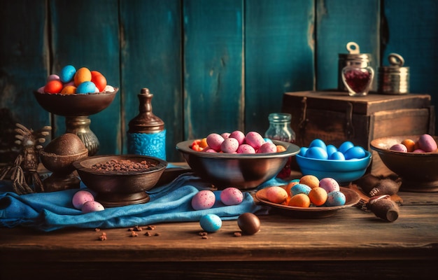 Dulces y dulces de huevos de pascua de chocolate en una mesa de madera azul