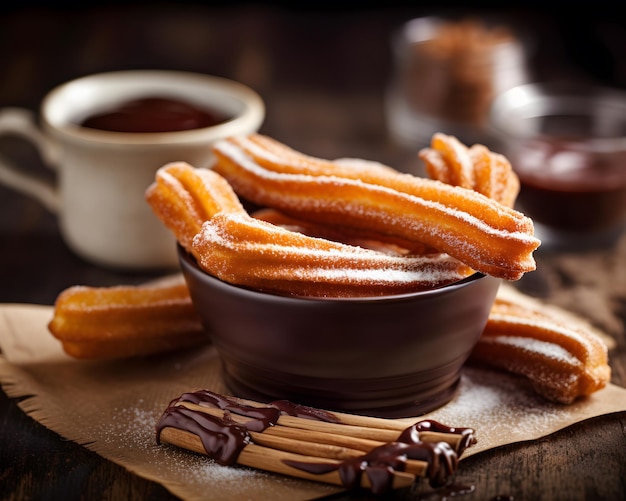 Dulces e indulgentes churros con salsa de chocolate IA generativa