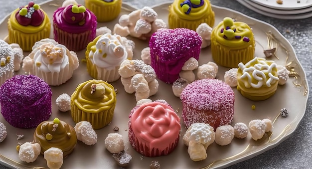 Dulces en forma de tortas en un hermoso plato generado por IA