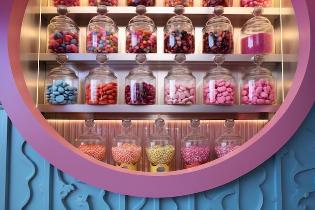 Foto dulces en frascos para la venta en la tienda confitería con dulces de colores interior de la tienda dulce