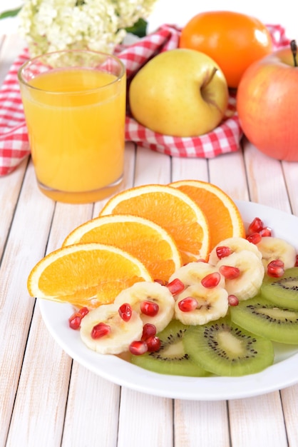 Dulces frutas frescas en un plato en el primer plano de la mesa