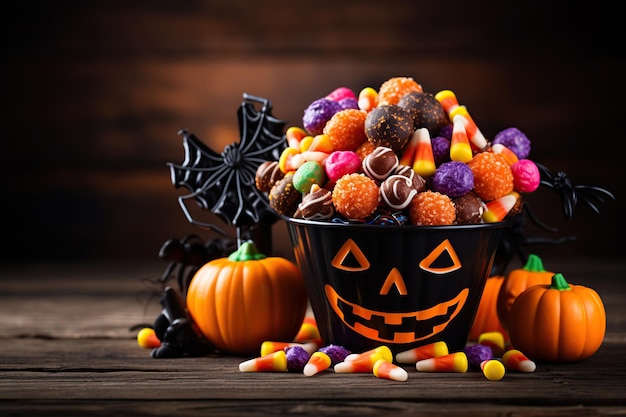 Foto dulces de halloween en cubo sobre fondo de madera