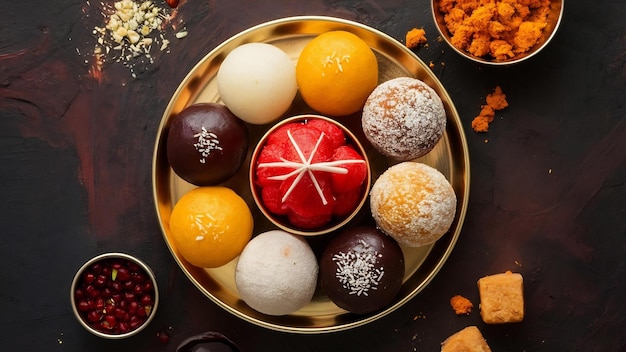 Foto los dulces indios en un plato incluyen gulab jamun rasgulla kaju katli morichoor o bundi laddu guji