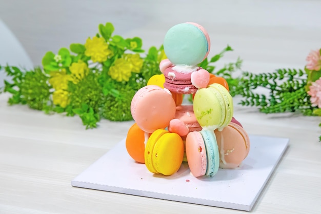 Dulces macarons de colores aislados sobre fondo blanco