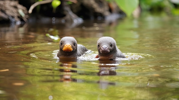 Dulces platypuses bebés mientras se deslizan a través de una suave corriente sus pequeños cuerpos y características distintivas cautivan su atención generados por IA