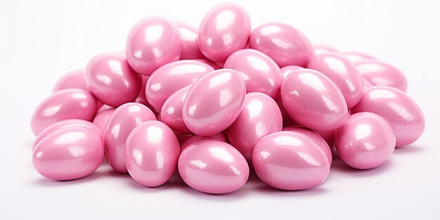 Foto dulces púrpuras ovaladas dragee en bulto dulces de chocolate de color rosa