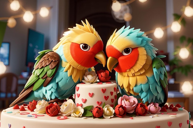 Foto los dulces y románticos pájaros enamorados se acurrucan mientras decoran el pastel