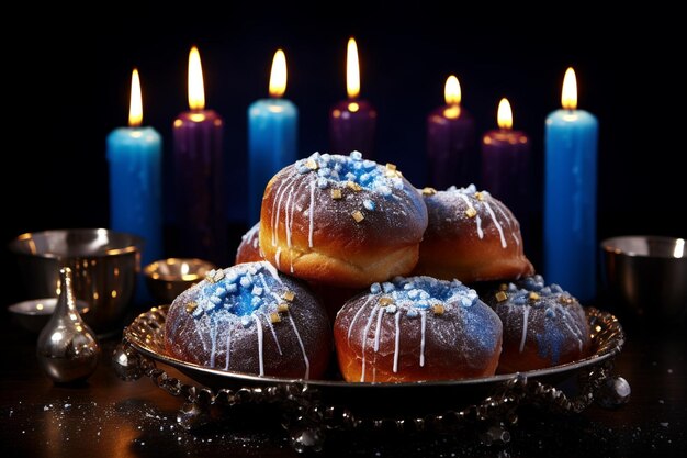 Foto dulces tradicionales de hanukkah con velas