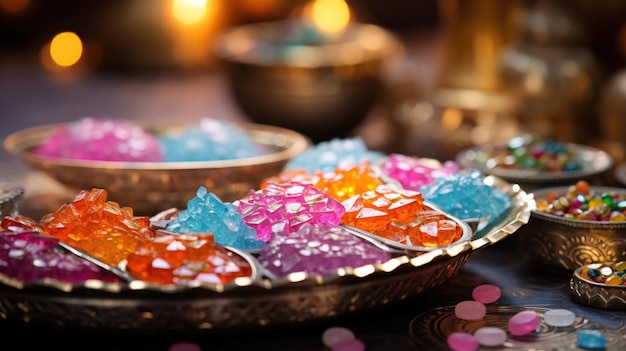 Dulces tradicionales indios y decoraciones en tonos vibrantes para la celebración de Holi