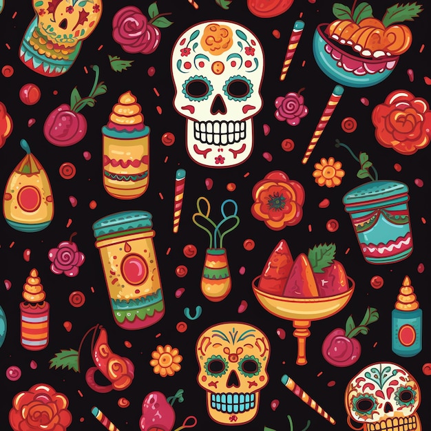 Dulces tradicionales mexicanos dia de muertos mexicano patrón de acuarela del día de los muertos