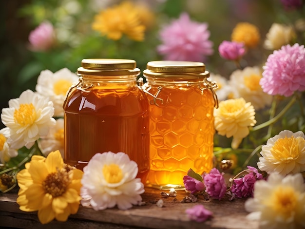 La dulzura de la naturaleza preserva la miel en frascos de vidrio sobre un fondo de flores