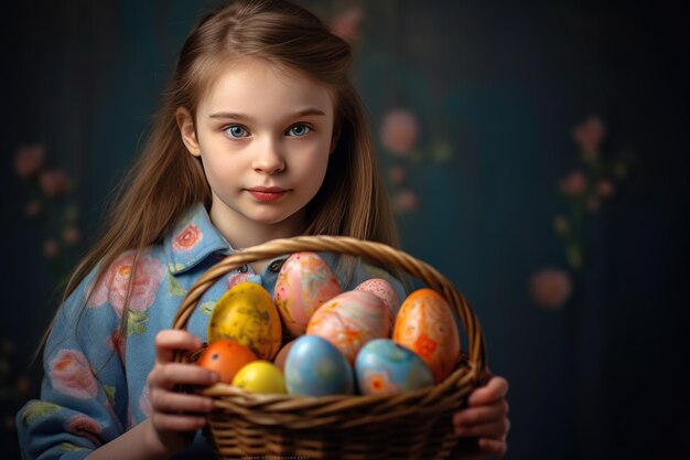 La dulzura de Pascua de los niños Mujer joven sosteniendo una canasta con huevos pintados de colores