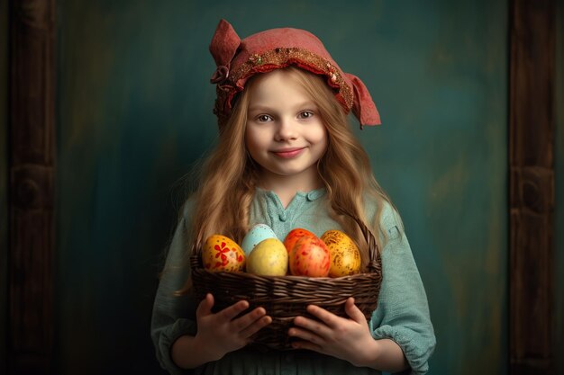 La dulzura de Pascua de los niños Mujer joven sosteniendo una canasta con huevos pintados de colores