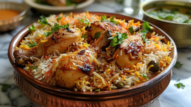 Dum biryani al estilo de Kerala preparado con especias de arroz jeera y piezas de pollo suculentas