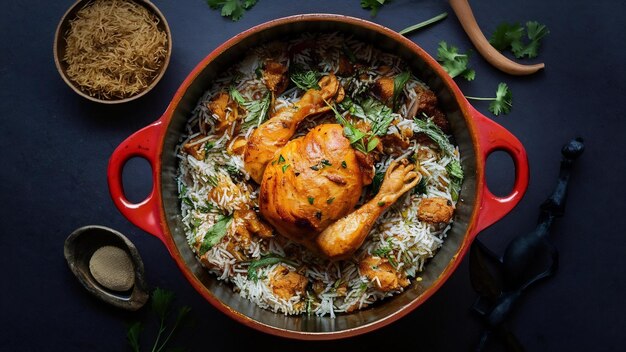 Dum handi Hühnerbiryani wird in einem Lehm- oder Lehmtopf mit dem Namen Haandi zubereitet