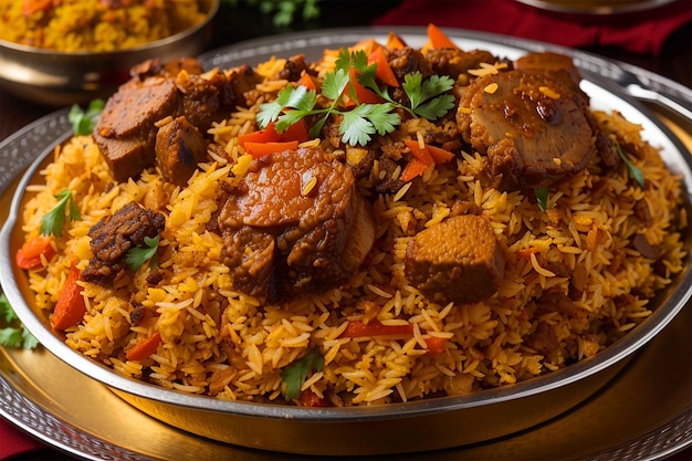 Dum handi pollo biryani carne de cordero biryani delicioso picante foto realista