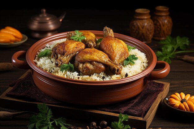 Foto dum handi pollo biryani se prepara en una olla de tierra o arcilla llamada haandi