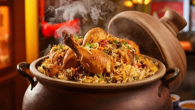 Dum handi pollo biryani se prepara en una olla de tierra o arcilla llamada haandi