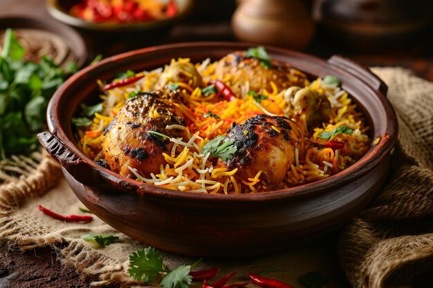 Foto dum handi pollo biryani se prepara en una olla de tierra o arcilla llamada haandi