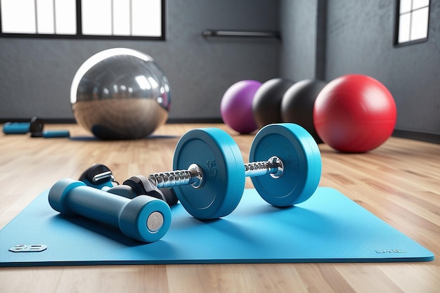 Dumbbell de bola e tapete para fitness estilo de vida saudável tema inventário de fitness renderização 3D