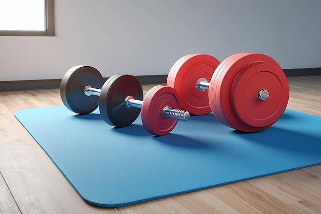 Dumbbell de bola e tapete para fitness estilo de vida saudável tema inventário de fitness renderização 3D