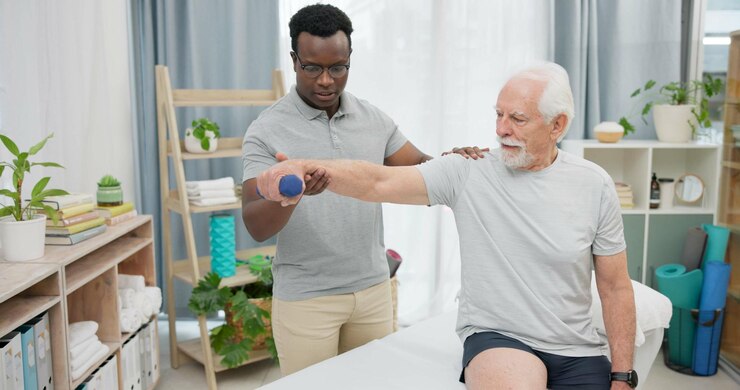 Foto dumbbell de fisioterapia de braço ou pessoa com velho para apoiar a recuperação no treinamento de movimento reabilitação de fisioterapia ou fisioterapeuta africano ajudando paciente idoso com exercício de mobilidade
