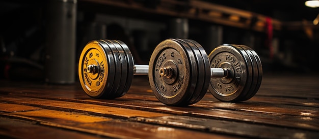 Foto dumbbells colocados contra um fundo escuro no chão