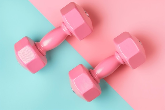 Dumbbells cor-de-rosa em fundo rosa e azul Desenvolver conceito de atividade esportiva de fitness e estilo de vida saudável Equipamento temático para exercícios em casa ou exercícios em um ginásio Minimal de criação plana