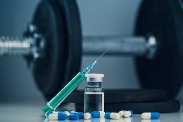 Dumbbells Spritze mit Nadelpillen und Durchstechflasche mit Steroiden illegales Doping im Sportkonzept