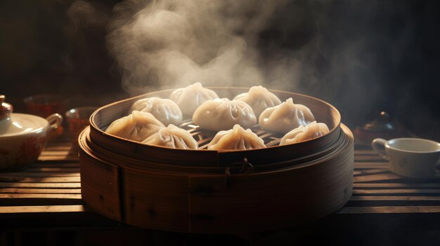 Foto un dumpling al vapor en la canasta estaba en la mesa junto a un cuenco humeante de dumpling de carne pequeña al vapor