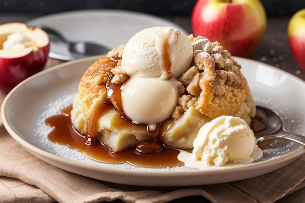 Dumpling de manzana al horno en almíbar de manzana y canela en un plato de postre cubierto con una bola de helado de vainilla