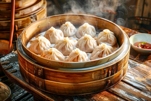 Dumplings a vapor em vapor de bambu na mesa xA