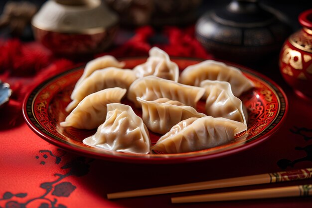 Foto dumplings de año nuevo chino en un plato de patrón chino