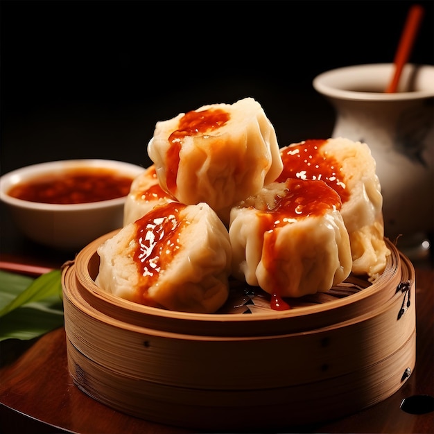 Foto dumplings chineses dim sum em um vapor de bambu em um fundo preto ai generative